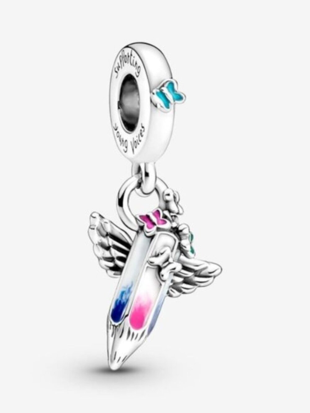 Pandora Silver Winged Test Tube Dangle Charm with Pink and Blue Enamel